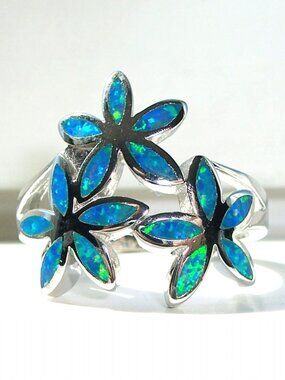 925 STERLING SILVER Lab Created Blue Fire Opal Plumeria Ring